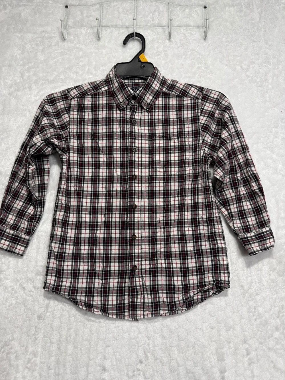 The Children’s Place button front shirt red black plaid long sleeves boys 7-8